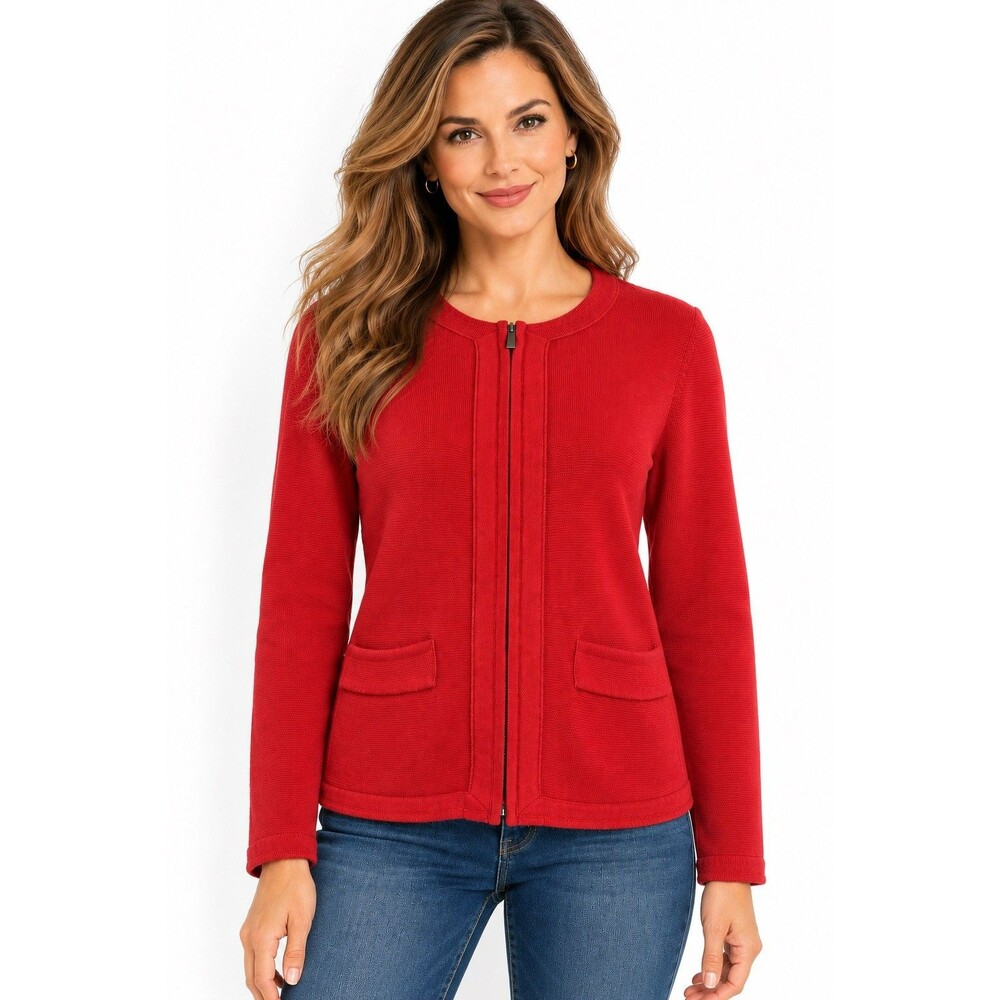 Talbots Red Cotton Modal Knit Zip Front Cardigan Jacket Pockets Sz S